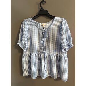 Tamara H Blue and White Gingham Print Top Women Size M